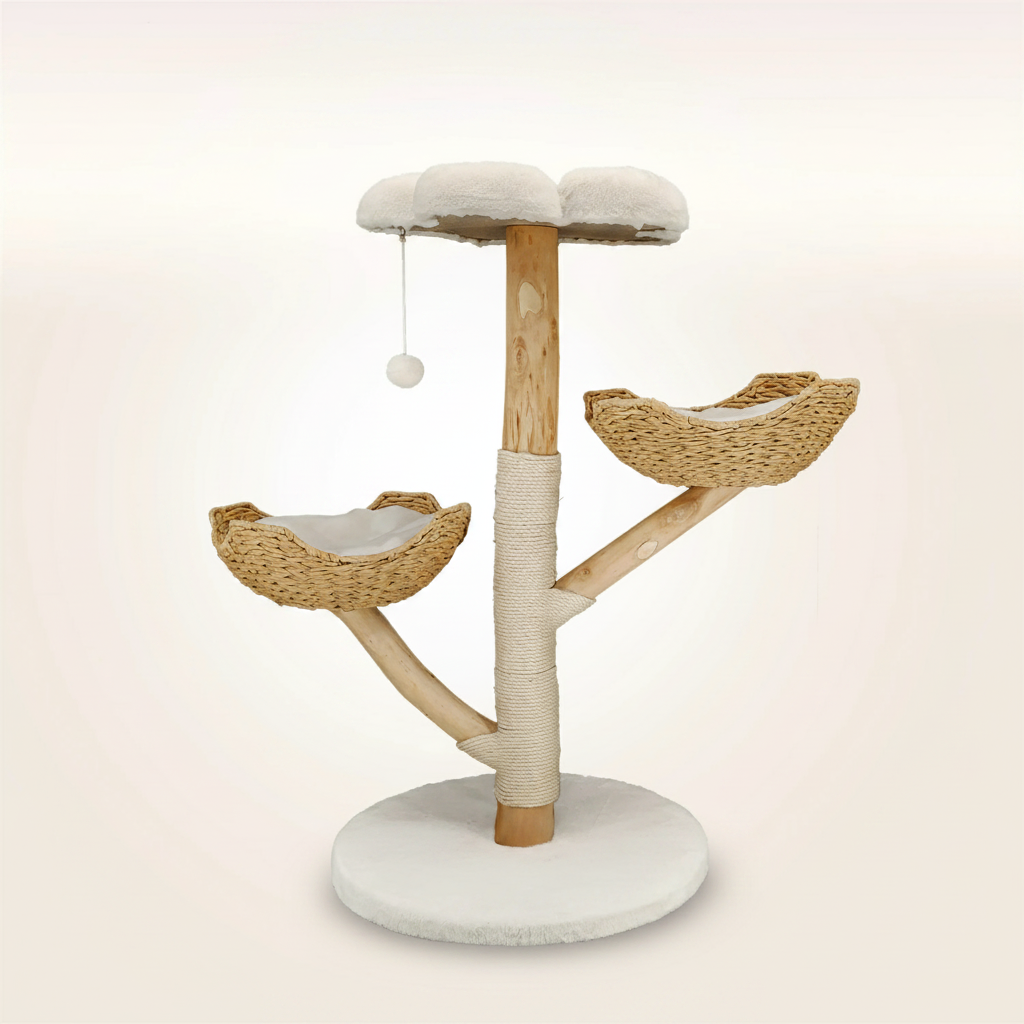 Arbre à Chat en Osier 111 cm – Coussin Peluche, Griffoir Sisal & Maison de Jeu