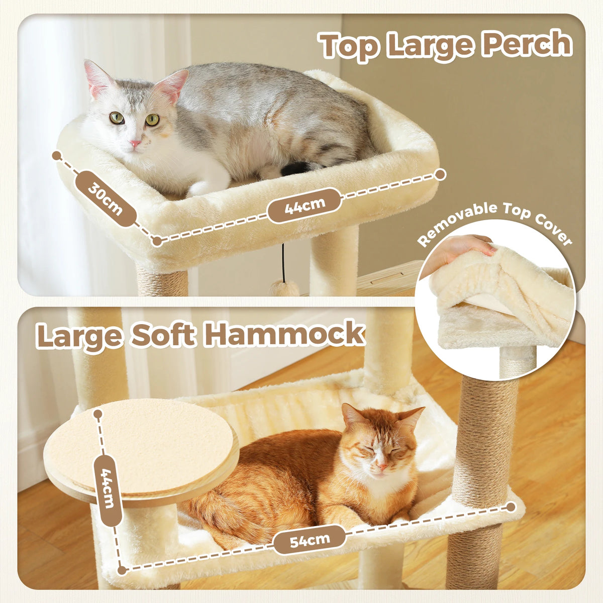 Arbre à Chat en Bois 140 cm – Griffoir Sisal, Niche & Perchoir Supérieur