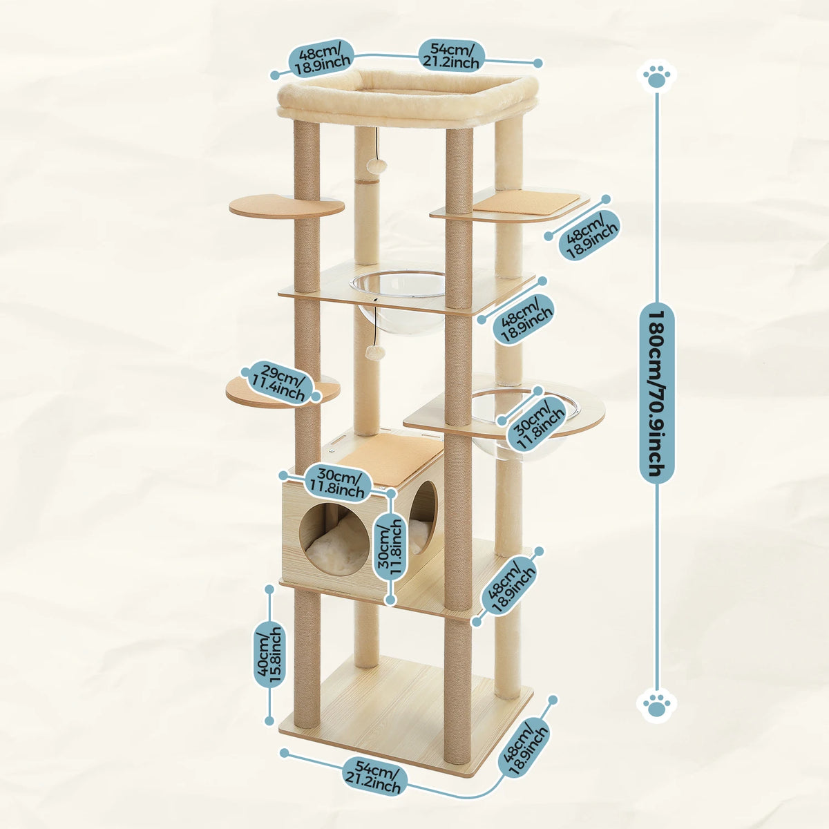 Arbre à Chat en Bois 180 cm – Hamac Transparent, Niche & Perchoir XXL