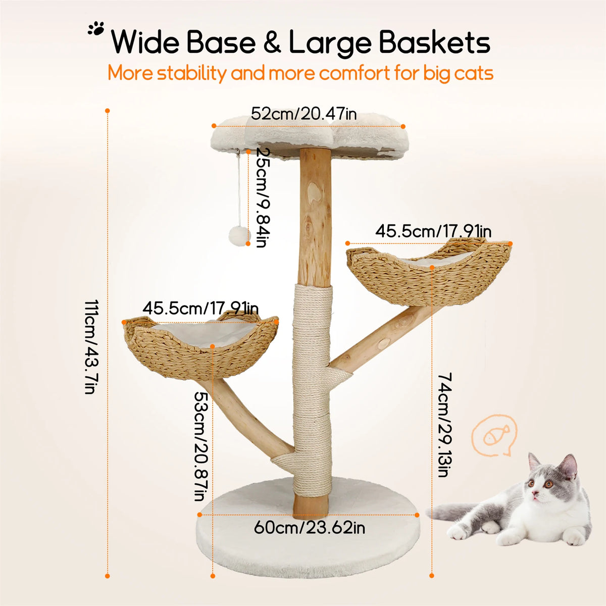 Arbre à Chat en Osier 111 cm – Coussin Peluche, Griffoir Sisal & Maison de Jeu