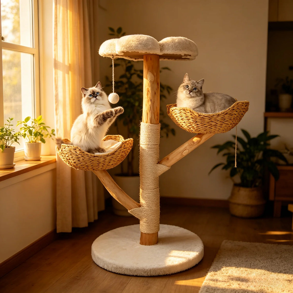 Arbre à Chat en Osier 111 cm – Coussin Peluche, Griffoir Sisal & Maison de Jeu
