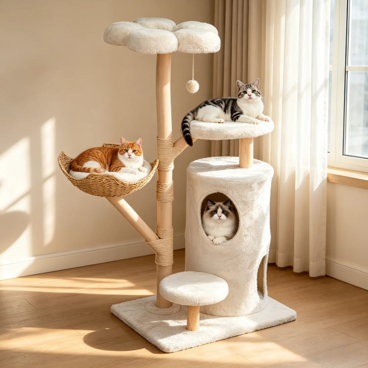 Arbre à Chat en Osier 142 cm – Grand Panier, Niche Fermée & Griffoirs Sisal