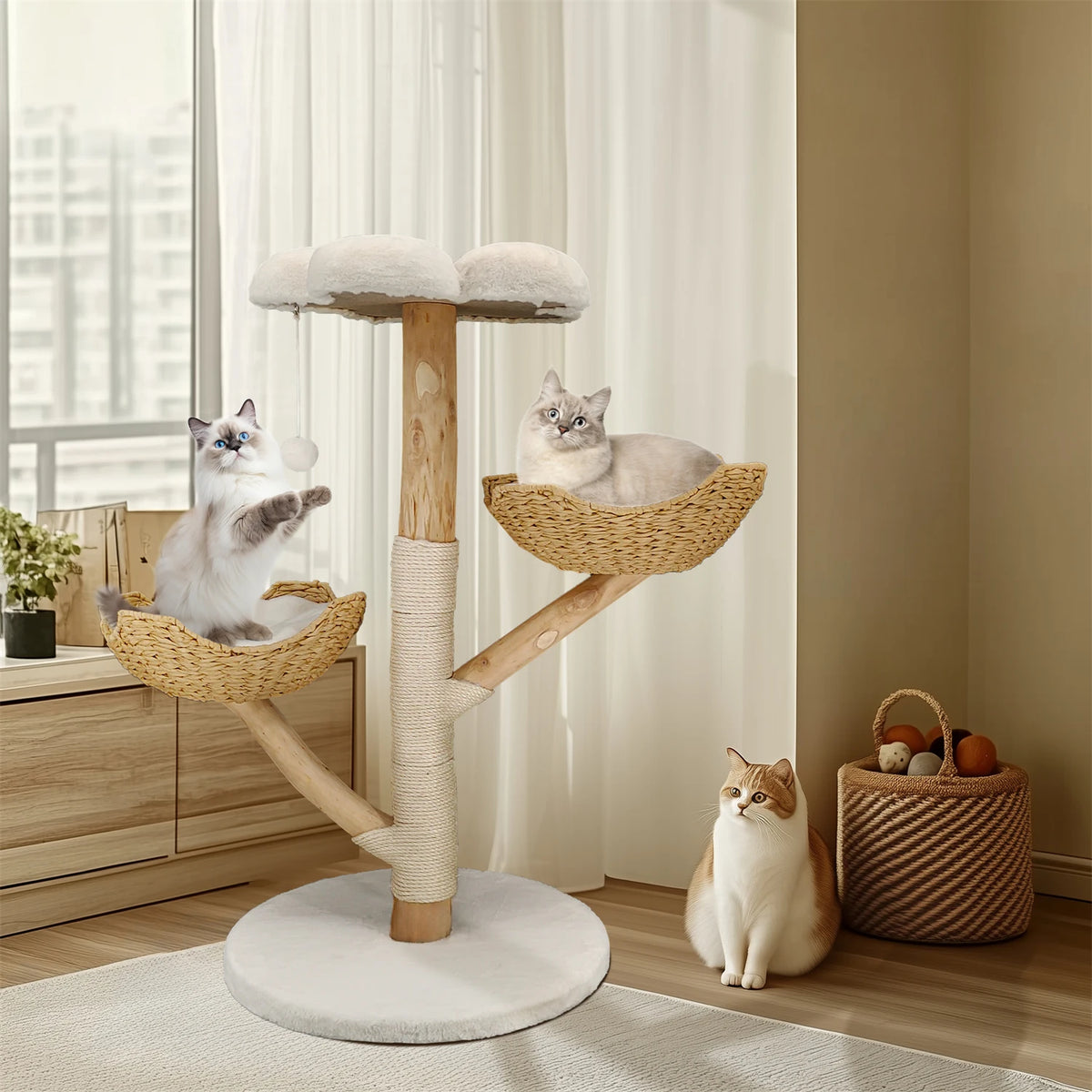 Arbre à Chat en Osier 111 cm – Coussin Peluche, Griffoir Sisal & Maison de Jeu