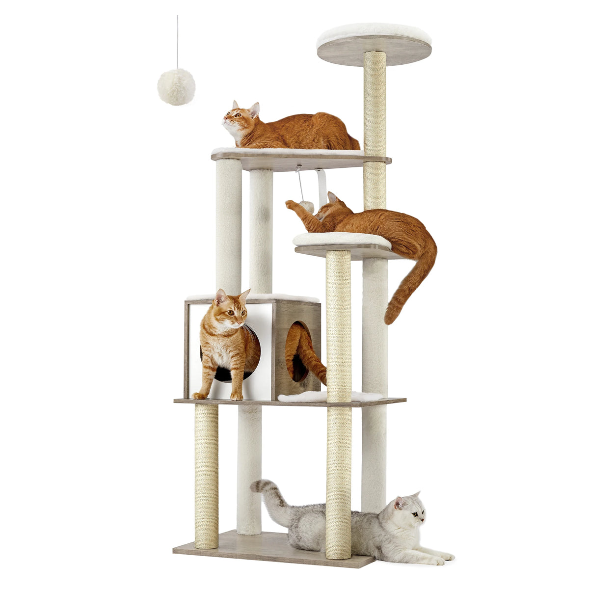 Arbre à Chat en Bois 165 cm – 5 Griffoirs, Plateformes & Niche Confortable