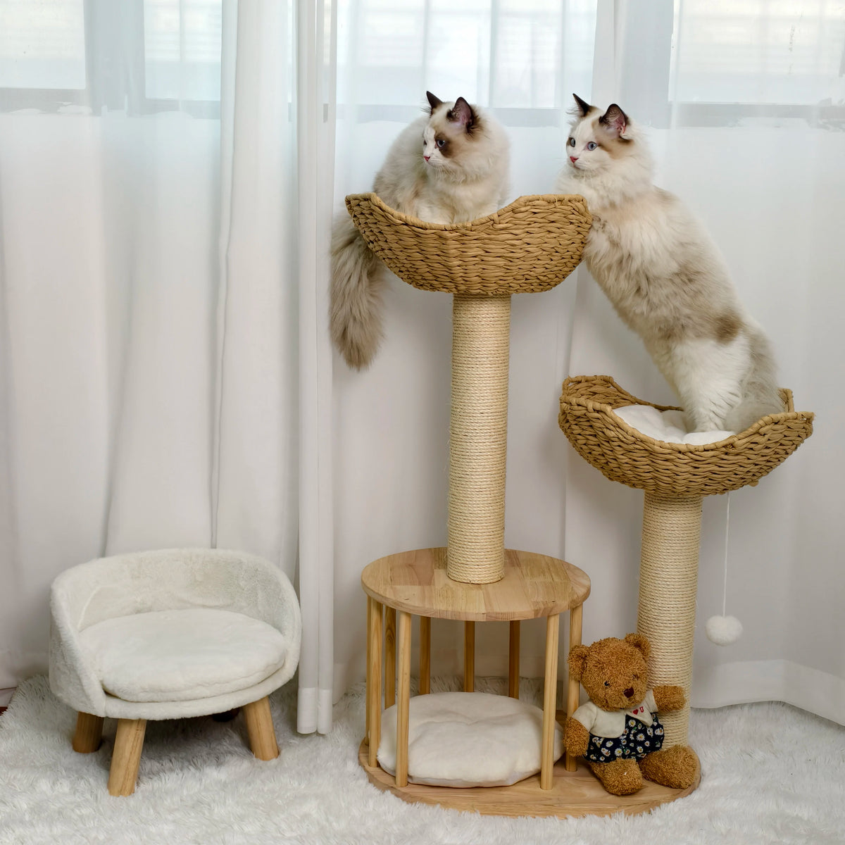 Arbre à Chat en Osier 99 cm – Paniers Naturels, Griffoir Sisal & Niche Cosy