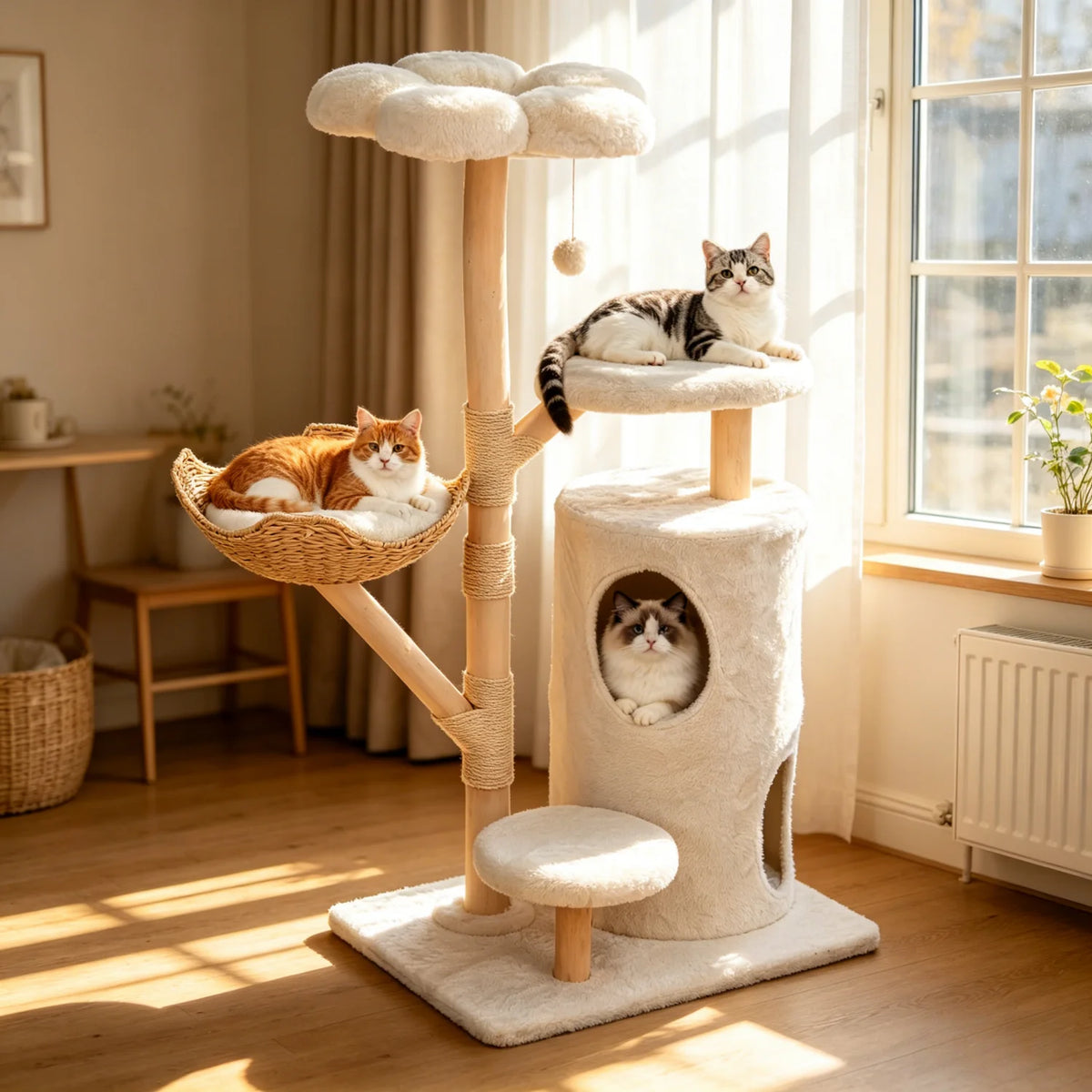 Arbre à Chat en Osier 142 cm – Grand Panier, Niche Fermée & Griffoirs Sisal