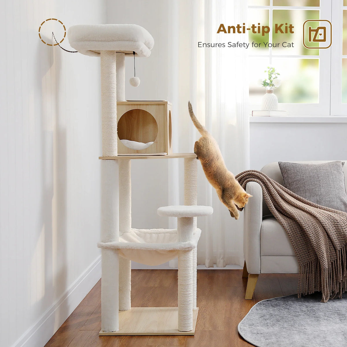 Arbre à Chat en Bois 140 cm – Griffoir Sisal, Niche & Perchoir Supérieur