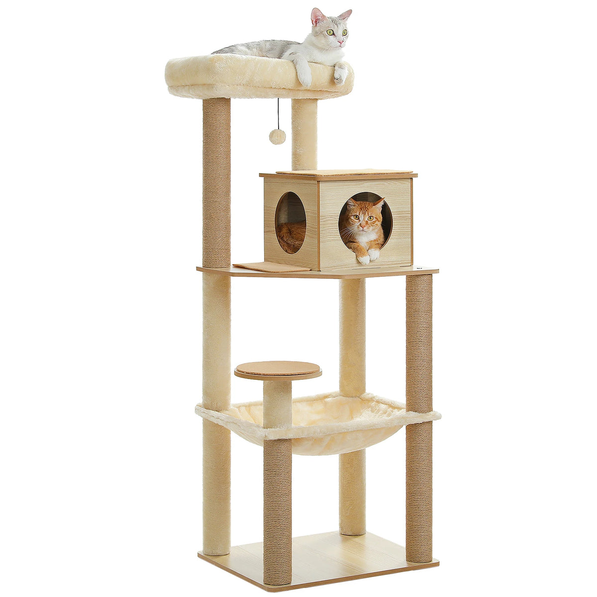 Arbre à Chat en Bois 140 cm – Griffoir Sisal, Niche & Perchoir Supérieur