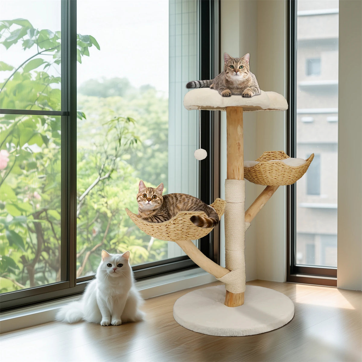 Arbre à Chat en Osier 111 cm – Coussin Peluche, Griffoir Sisal & Maison de Jeu