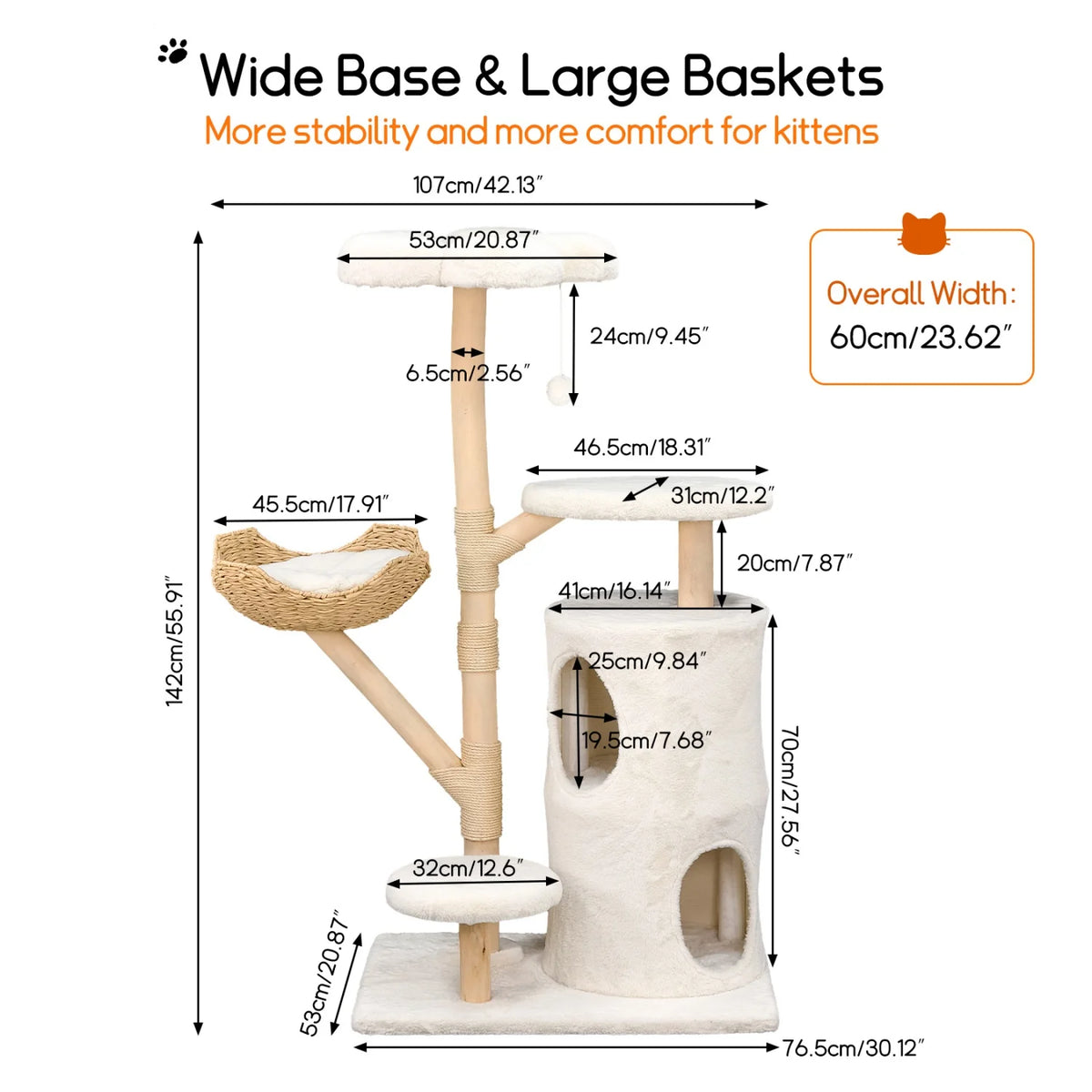 Arbre à Chat en Osier 142 cm – Grand Panier, Niche Fermée & Griffoirs Sisal