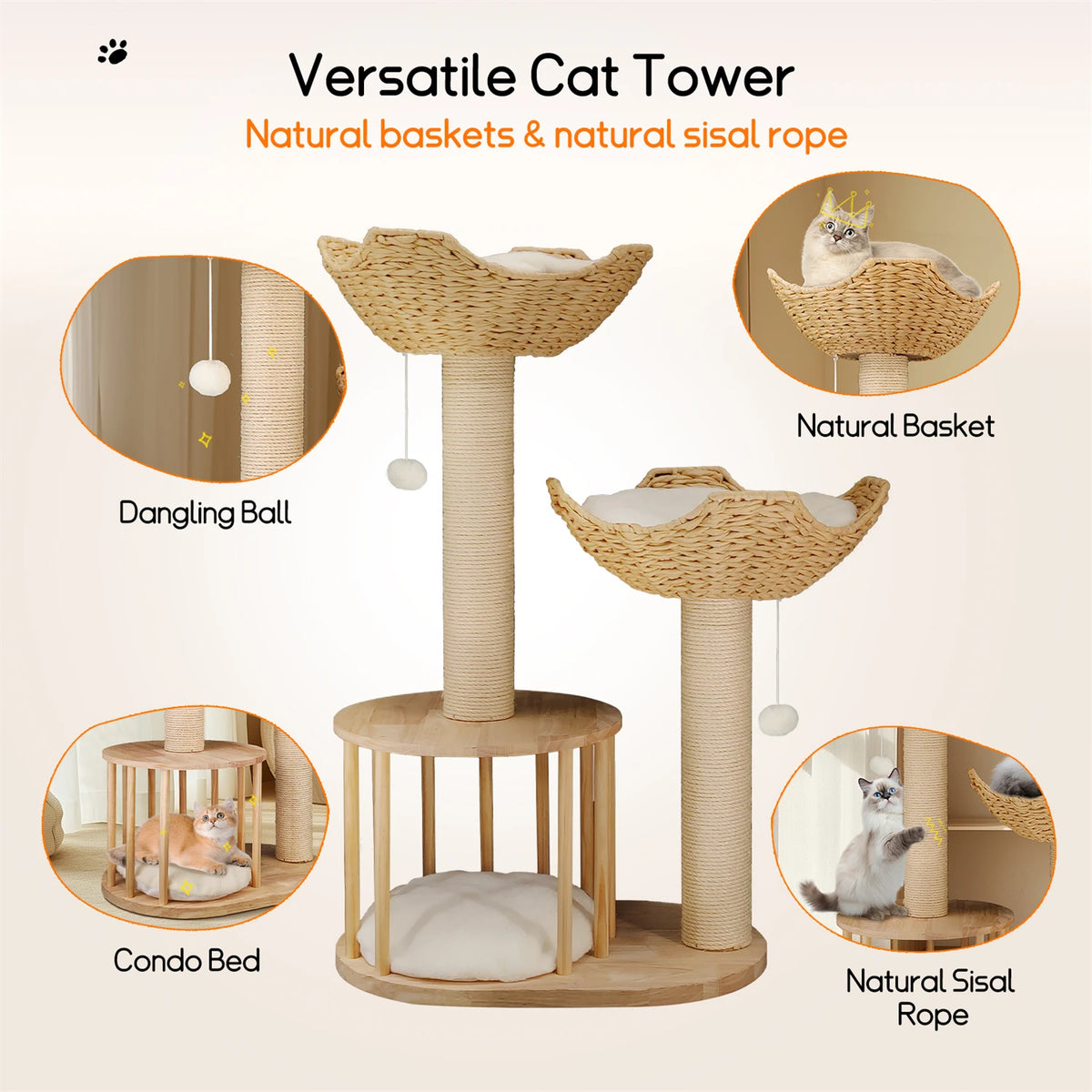 Arbre à Chat en Osier 99 cm – Paniers Naturels, Griffoir Sisal & Niche Cosy