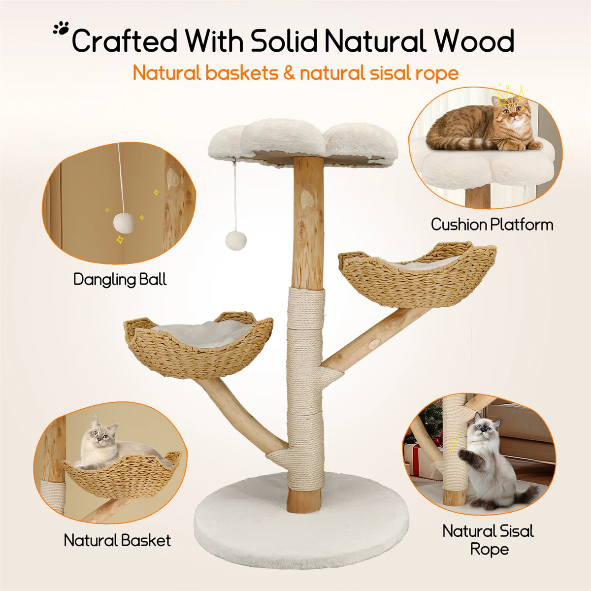 Arbre à Chat en Osier 111 cm – Coussin Peluche, Griffoir Sisal & Maison de Jeu