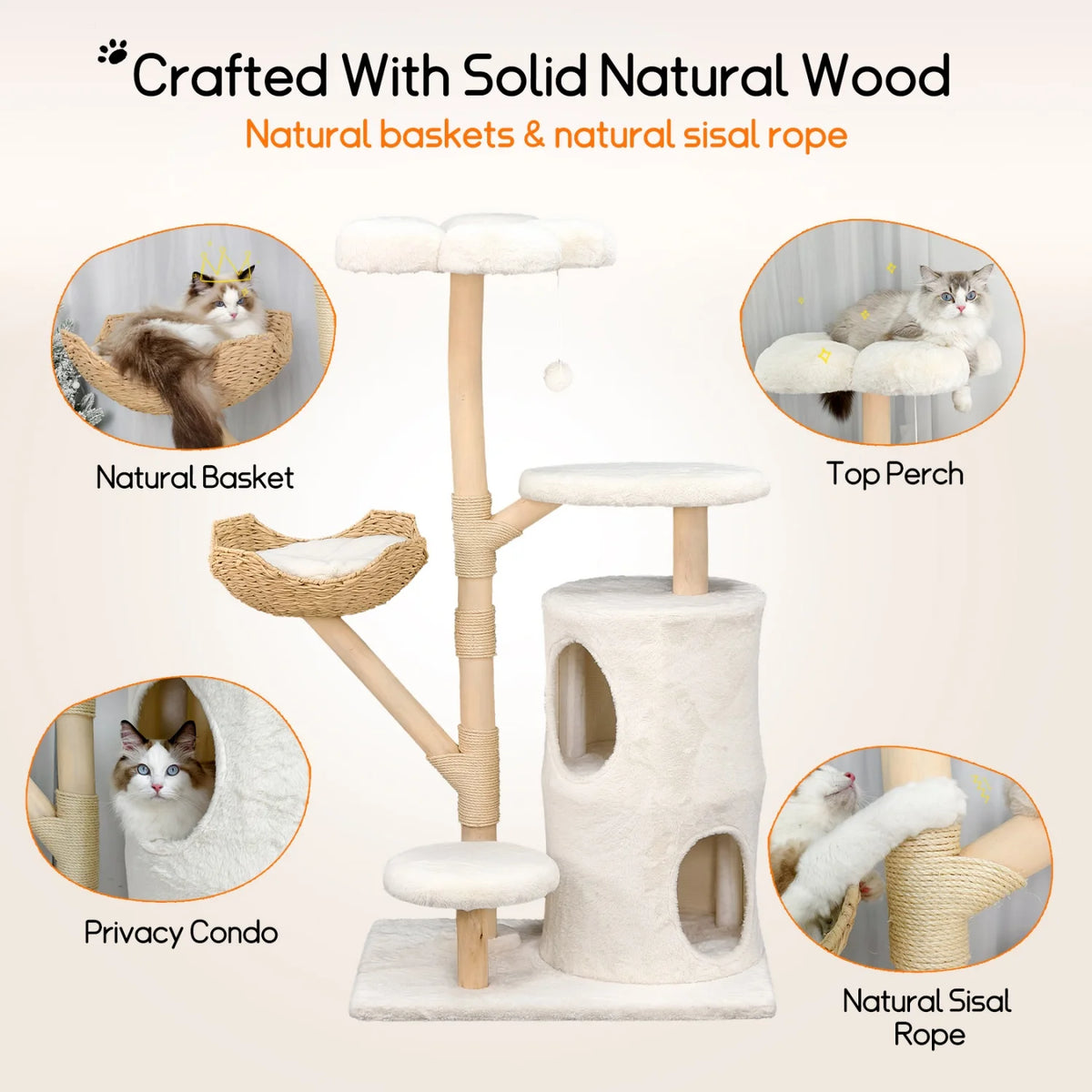 Arbre à Chat en Osier 142 cm – Grand Panier, Niche Fermée & Griffoirs Sisal