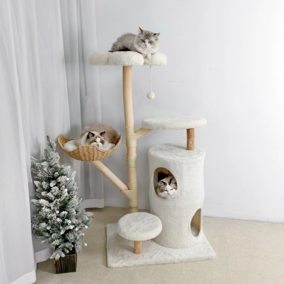 Arbre à Chat en Osier 142 cm – Grand Panier, Niche Fermée & Griffoirs Sisal