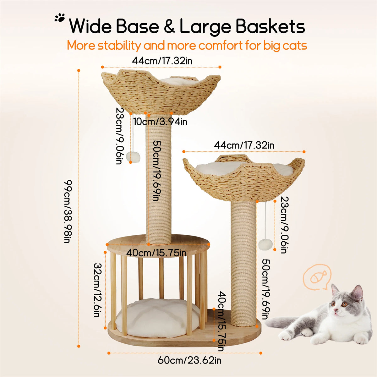Arbre à Chat en Osier 99 cm – Paniers Naturels, Griffoir Sisal & Niche Cosy