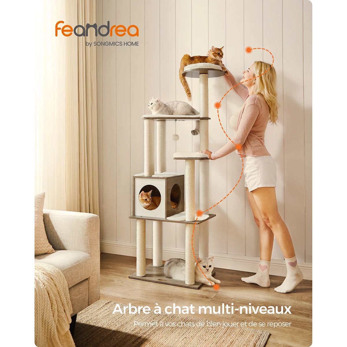 Arbre à Chat en Bois 165 cm – 5 Griffoirs, Plateformes & Niche Confortable