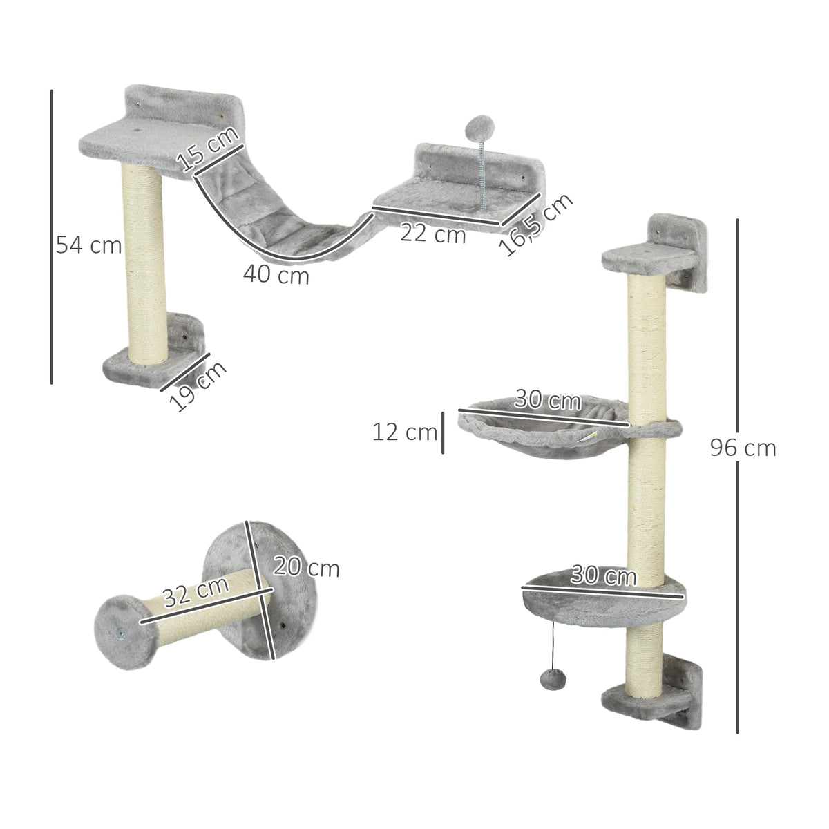 Arbre à Chat Mural Peluche Grise 4 pieces – Étagère Murale avec Griffoir et Boule Suspendue