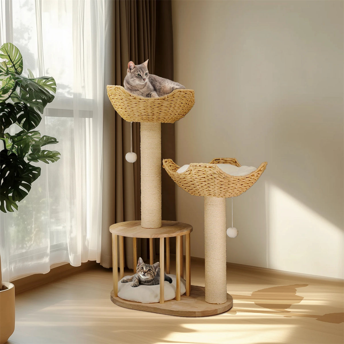 Arbre à Chat en Osier 99 cm – Paniers Naturels, Griffoir Sisal & Niche Cosy