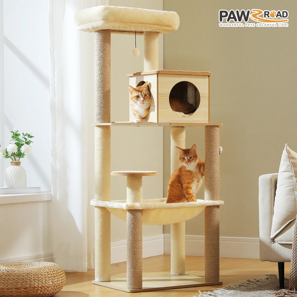 Arbre à Chat en Bois 140 cm – Griffoir Sisal, Niche & Perchoir Supérieur