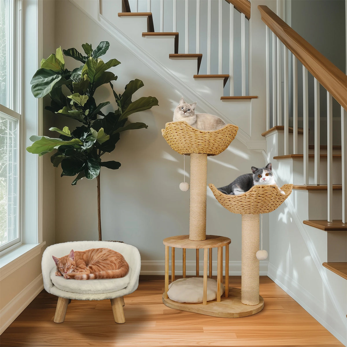 Arbre à Chat en Osier 99 cm – Paniers Naturels, Griffoir Sisal & Niche Cosy