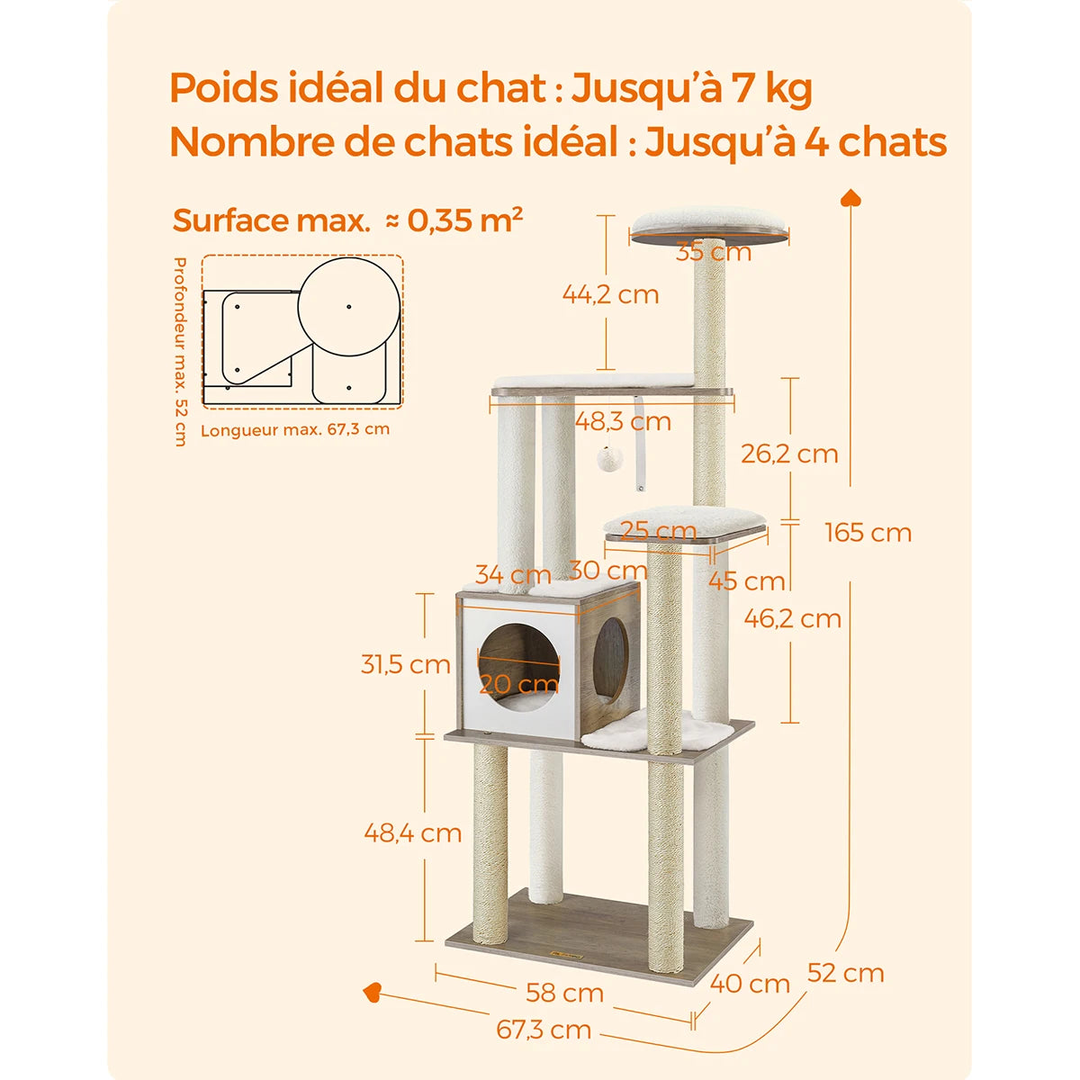 Arbre à Chat en Bois 165 cm – 5 Griffoirs, Plateformes & Niche Confortable