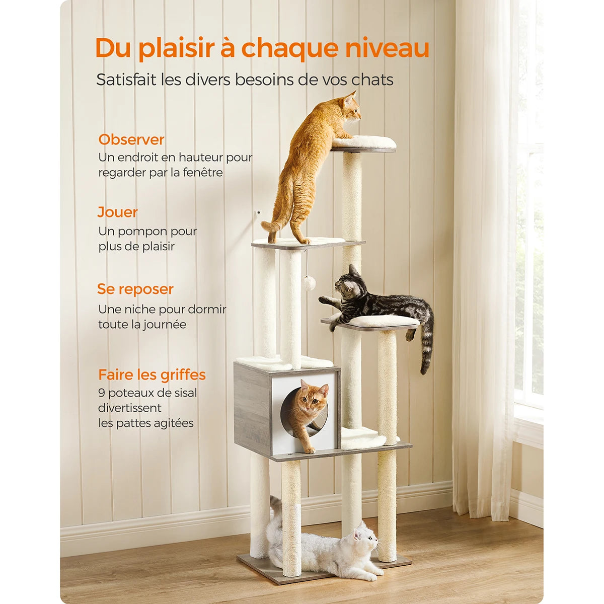 Arbre à Chat en Bois 165 cm – 5 Griffoirs, Plateformes & Niche Confortable