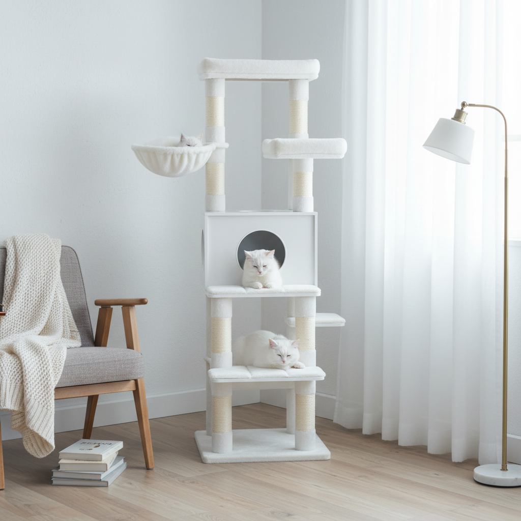Arbre à Chat Moderne Blanc ou Gris 166 cm – 8 Griffoirs Sisal, Niche & Plateformes Multi-Niveaux