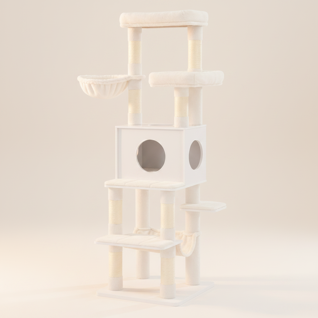Arbre à Chat Moderne Blanc ou Gris 166 cm – 8 Griffoirs Sisal, Niche & Plateformes Multi-Niveaux