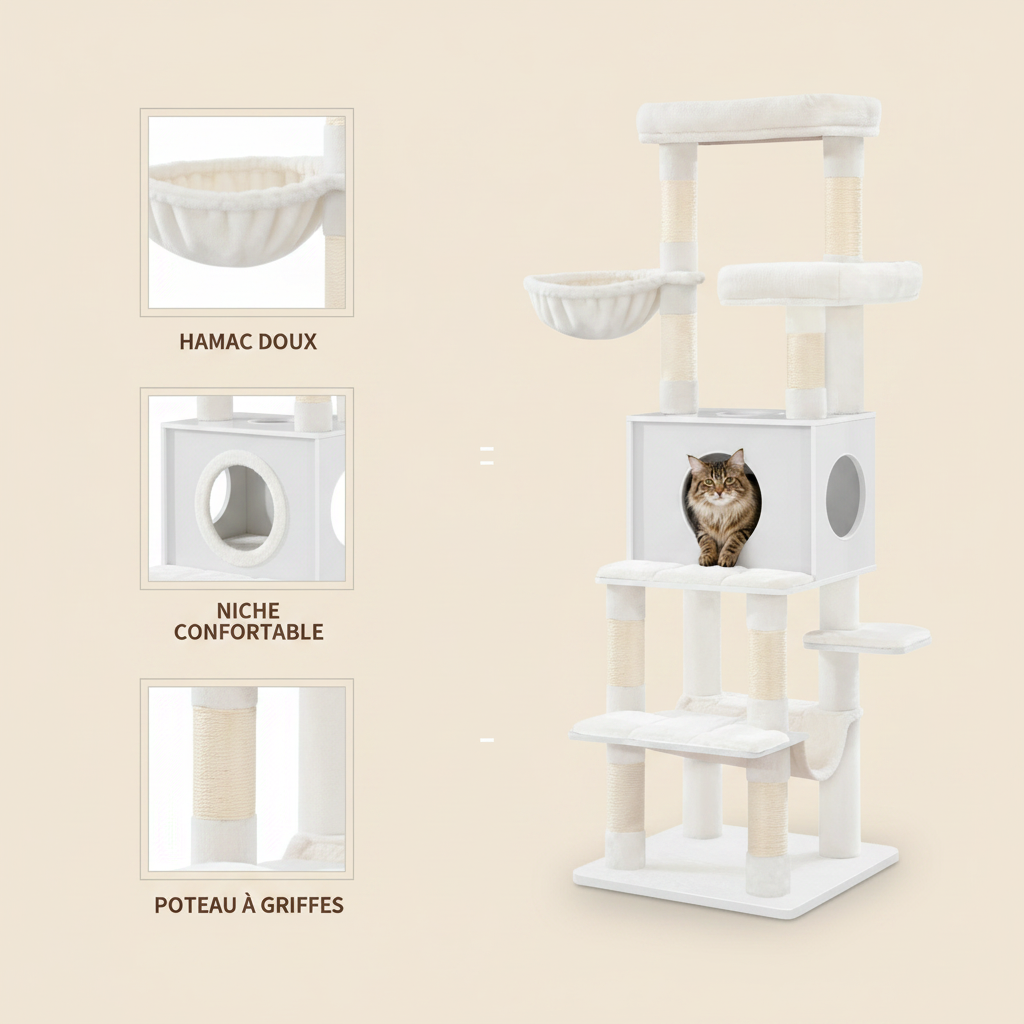 Arbre à Chat Moderne Blanc ou Gris 166 cm – 8 Griffoirs Sisal, Niche & Plateformes Multi-Niveaux