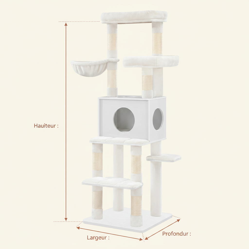Arbre à Chat Moderne Blanc ou Gris 166 cm – 8 Griffoirs Sisal, Niche & Plateformes Multi-Niveaux