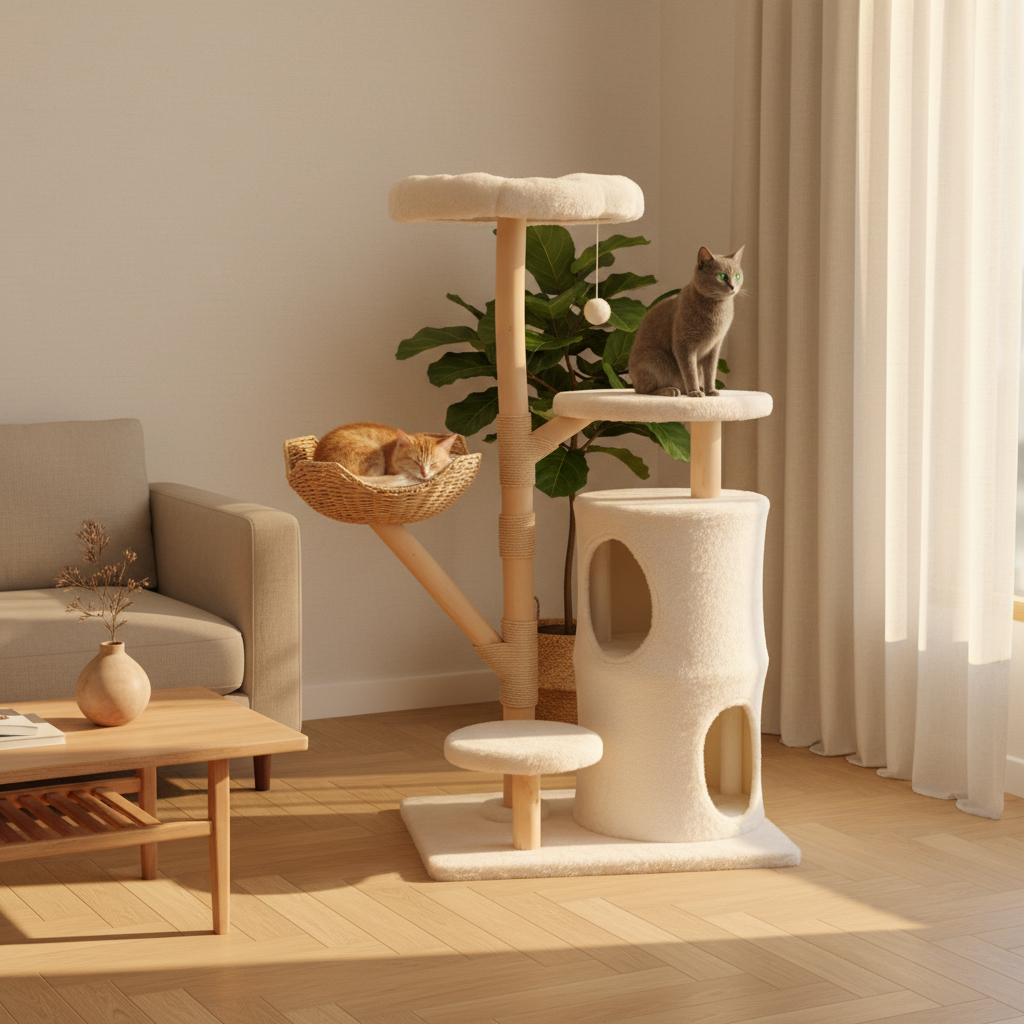 Arbre à Chat en Osier 142 cm – Grand Panier, Niche Fermée & Griffoirs Sisal