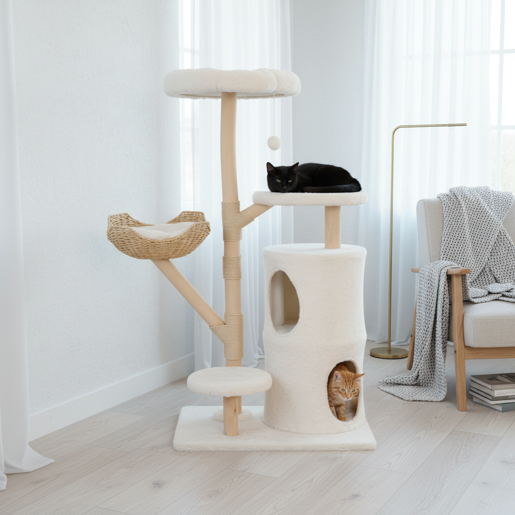 Arbre à Chat en Osier 142 cm – Grand Panier, Niche Fermée & Griffoirs Sisal