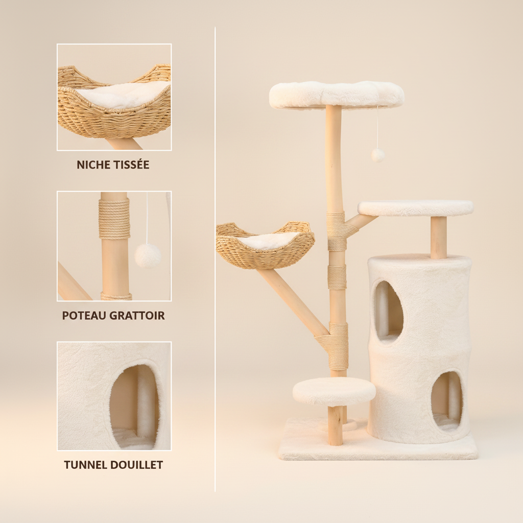 Arbre à Chat en Osier 142 cm – Grand Panier, Niche Fermée & Griffoirs Sisal