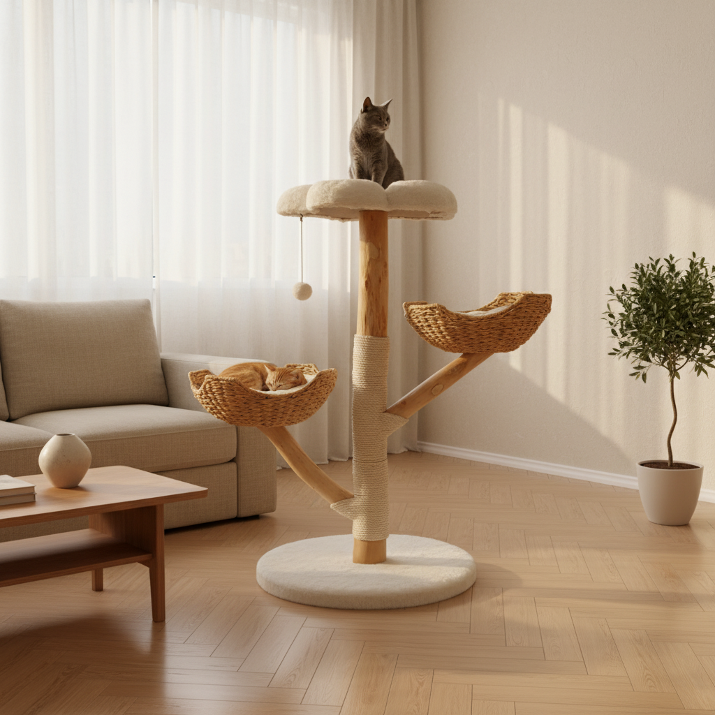 Arbre à Chat en Osier 111 cm – Coussin Peluche, Griffoir Sisal & Maison de Jeu