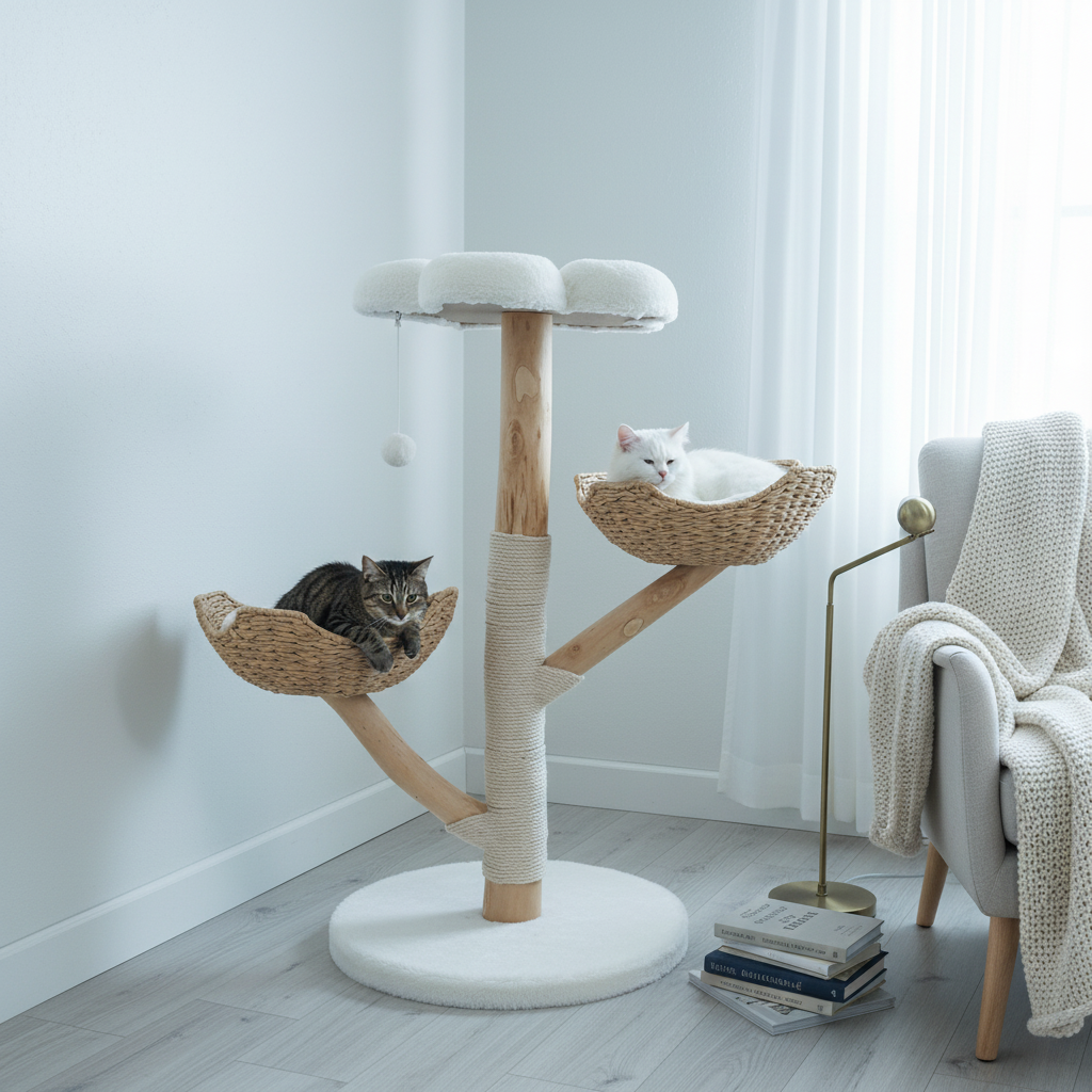 Arbre à Chat en Osier 111 cm – Coussin Peluche, Griffoir Sisal & Maison de Jeu