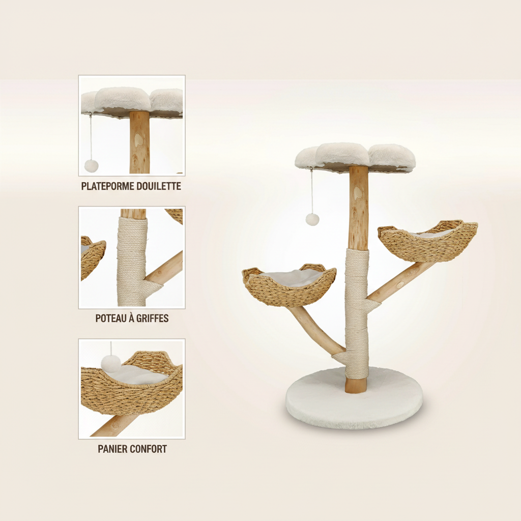 Arbre à Chat en Osier 111 cm – Coussin Peluche, Griffoir Sisal & Maison de Jeu