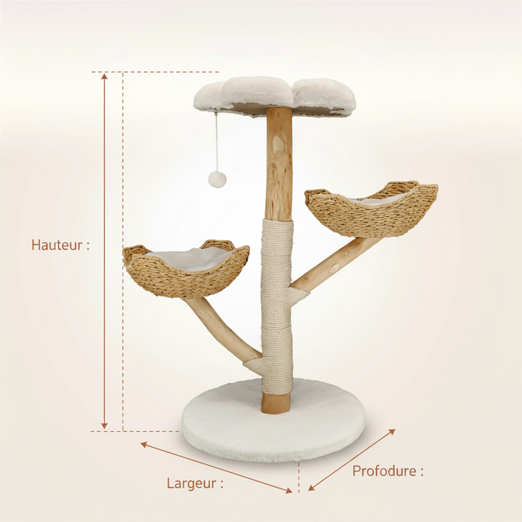 Arbre à Chat en Osier 111 cm – Coussin Peluche, Griffoir Sisal & Maison de Jeu