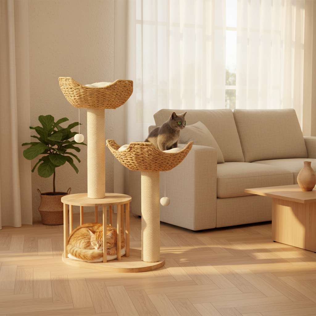 Arbre à Chat en Osier 99 cm – Paniers Naturels, Griffoir Sisal & Niche Cosy
