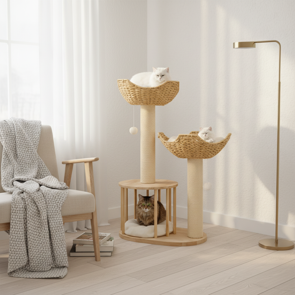 Arbre à Chat en Osier 99 cm – Paniers Naturels, Griffoir Sisal & Niche Cosy