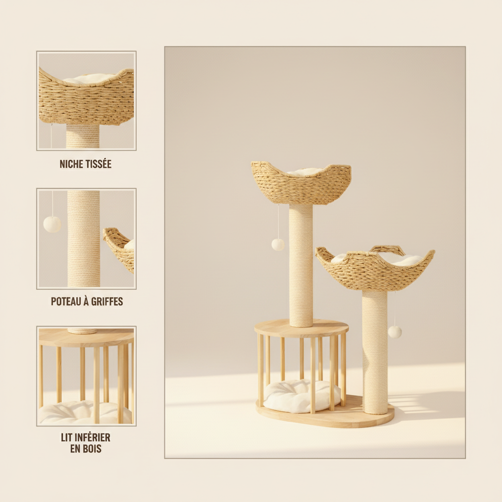 Arbre à Chat en Osier 99 cm – Paniers Naturels, Griffoir Sisal & Niche Cosy