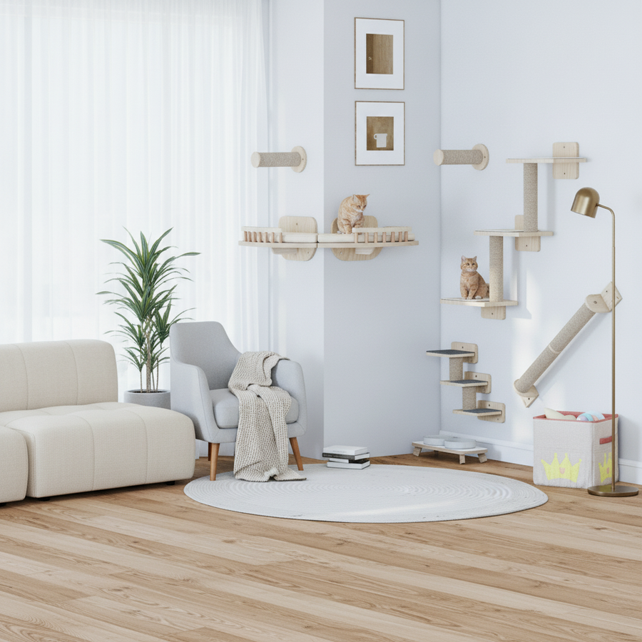 Parcours mural arbre à chat dans un salon moderne