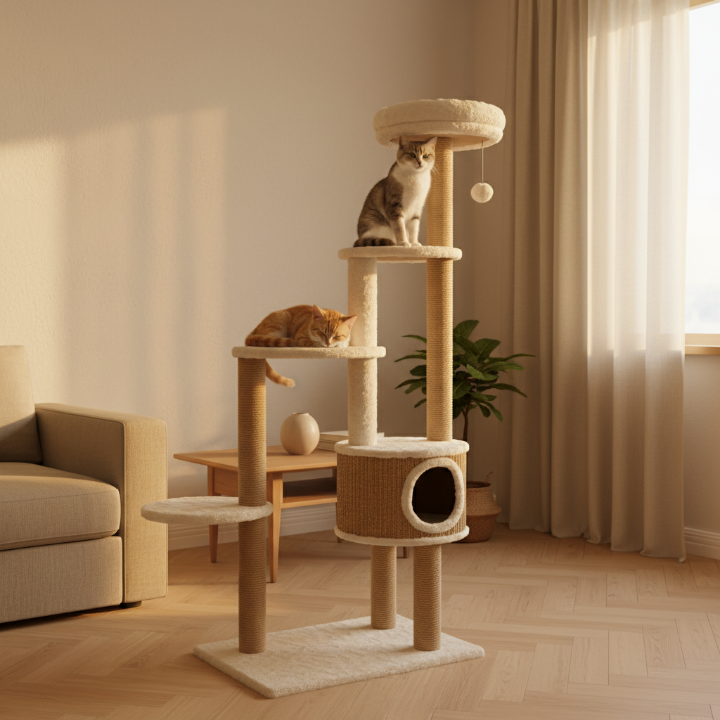 Arbre à Chat en Rotin 148 cm – Coussin Luxe, Griffoir Sisal & Design Premium
