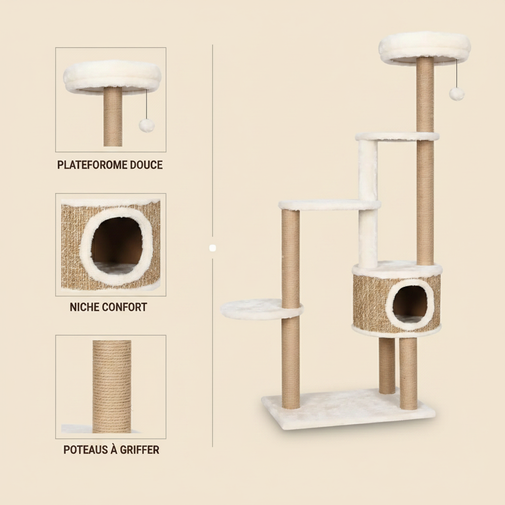 Arbre à Chat en Rotin 148 cm – Coussin Luxe, Griffoir Sisal & Design Premium